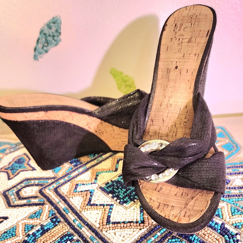 Guess Sparkly Black and Cork Platform Wedges 61/2 M